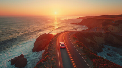 A self-driving car traveling along a winding coastal road, with ocean waves crashing against rocky...