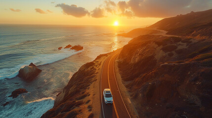 A self-driving car traveling along a winding coastal road, with ocean waves crashing against rocky...