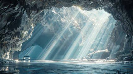 A self-driving car traveling through a tunnel carved into a mountain, with beams of sunlight streaming through openings in the rock, illuminating the interior.