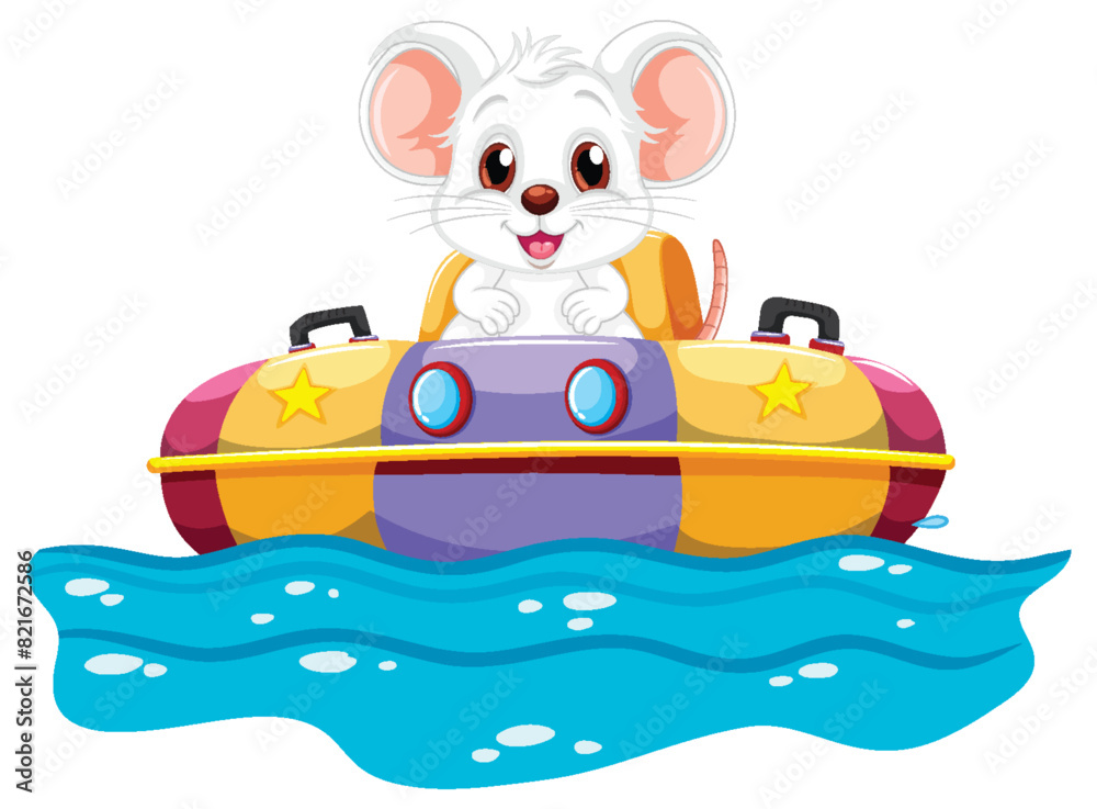 Sticker cheerful mouse sailing on a vibrant toy boat