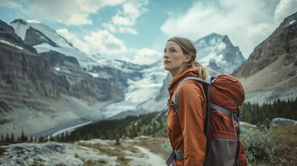 Naklejka premium A focused young woman hiker explores majestic mountain scenery, her unwavering determination evident in her steady progress along the challenging trail