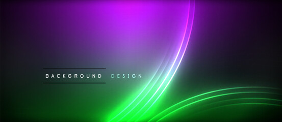 Neon glowing circle rays, light round lines in the dark, planet style neon wave lines. Energetic electric concept design for wallpaper, banner, background