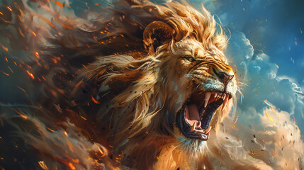 A stylized illustration of a roaring lion, symbolizing strength and courage.