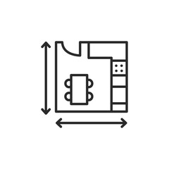 Architectural floor plan icon. A simplified representation of a house layout including measurements, indicating the planning phase of construction or renovation. Vector illustration 