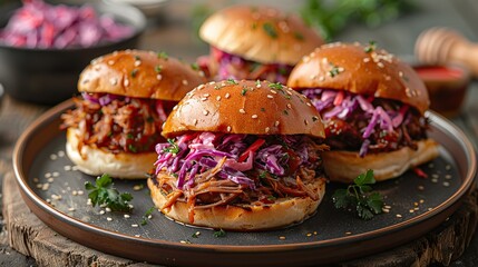 A plate of pulled pork sandwiches with coleslaw.