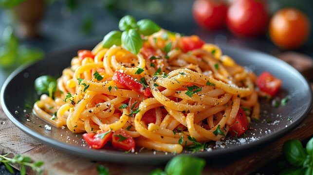 A plate of pasta primavera with fresh vegetables.