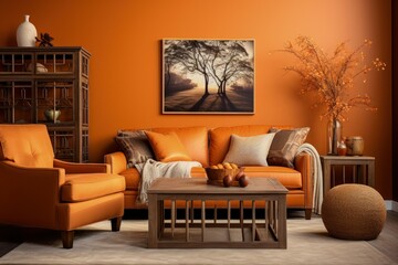 a living room with orange walls and furniture