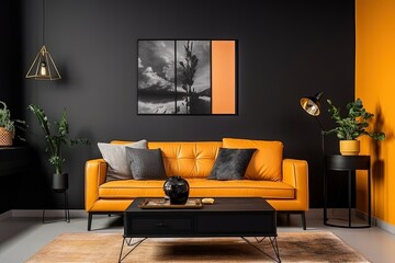 a living room with a yellow couch and a black coffee table