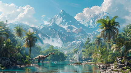 Playful dinosaurs roaming through a prehistoric landscape filled with palm trees and volcanoes.