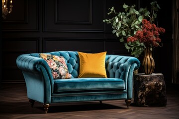 a blue couch with a yellow pillow and a vase of flowers