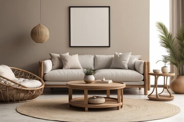 warm space with Khaki sofa, wooden side tables, rattan armchair, blank poster frames