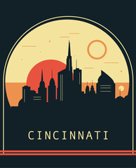 Cincinnati city retro style poster with skyline, cityscape. USA Ohio state vintage vector illustration. US front cover, brochure, flyer, leaflet template, layout image