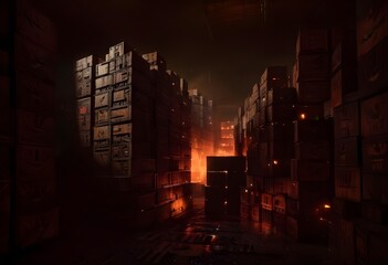 A large amazon warehouse or storage facility with rows of wooden crates or boxes stacked high, surrounded by a futuristic digital interface with glowing lines and shapes