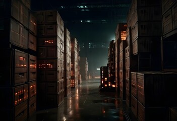 A large amazon warehouse or storage facility with rows of wooden crates or boxes stacked high, surrounded by a futuristic digital interface with glowing lines and shapes