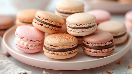 Obraz premium A plate of assorted macarons in pastel colors, filled with a variety of sweet and creamy flavors.