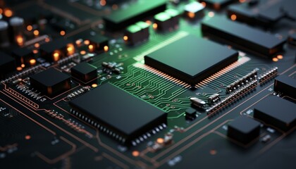 Fototapeta premium Close-up of a circuit board with glowing components. The intricate design of the board is a metaphor for technology and innovation.