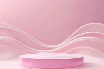 3D render, abstract pink background with empty podium and wave ribbon for product presentation, minimalistic design, simple modern, light color palette. Created with Ai