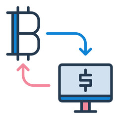 Bitcoin and PC connected with Arrows vector Cryptocurrency colored icon or sign