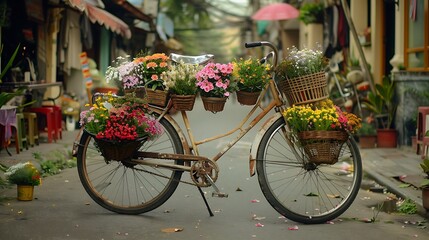 An old bicycles decorated with colorful flowers along the street