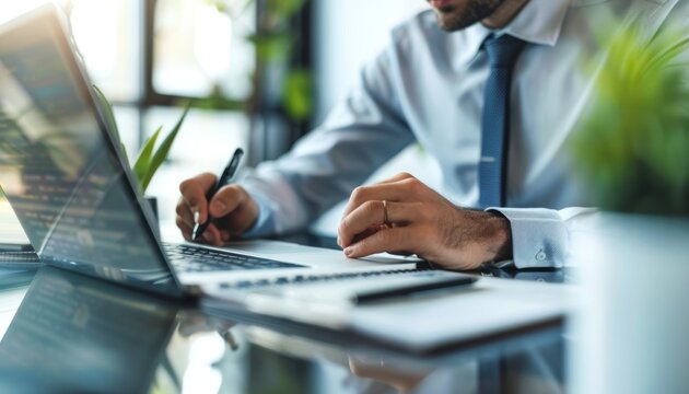Confident businessman working on a project using a laptop and graphic tablet.
