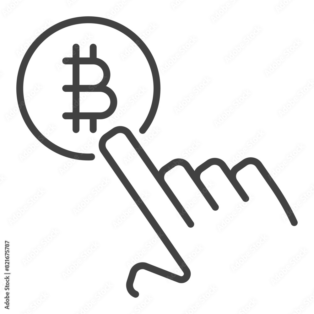 Poster hand tapping on bitcoin sign vector blockchain technology linear icon or symbol