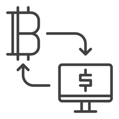 Computer and Bitcoin connected with Arrows vector Cryptocurrency icon or symbol in outline style