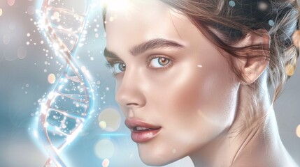 A young woman is seen in profile, her face illuminated by the glow of an AI interface that has digital lines and dots connecting to create facial features on top of a double helix DNA structure.
