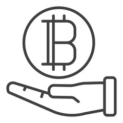 Hand holding Bitcoin vector Cryptocurrency icon or symbol in outline style