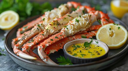 A plate of crab legs with melted butter.
