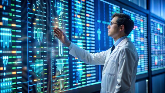 A biotech security expert examining genetic data on a large, interactive display in a modern research facility.