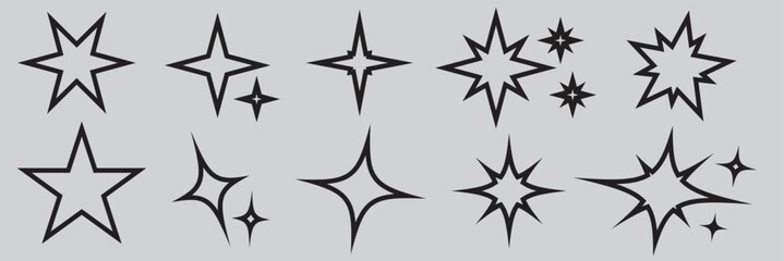 Sparkling stars composition. Glowing black star stencil, isolating various sparkling elements. Twinkle star, Minimalist silhouette stars icon, twinkle star shape symbols. 11:11