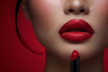 Close-up partial view of young stylish woman applying red lipstick on black