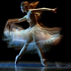 A ballerina is dancing on the stage with a white tutu.