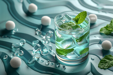 Glasses of water with mint on pastel blue. One shot for time. Close up. Copy space. Water balance for healthy.