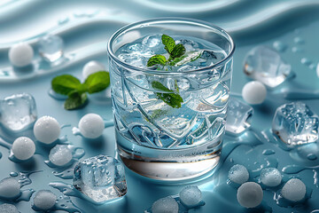 Glasses of water with mint on pastel blue. One shot for time. Close up. Copy space. Water balance for healthy.