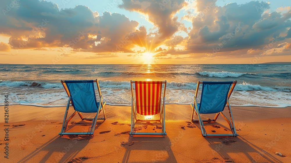 Sticker   A few chairs sit atop a sandy shore, near the ocean and beneath a cloud-filled sky