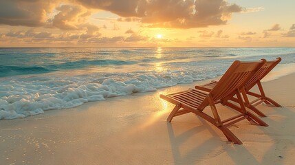   A pair of wooden chairs rests atop a sandy seashore beside a tranquil water body, with gray clouds overhead