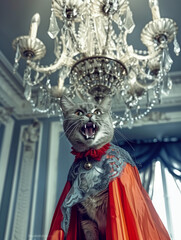 Feline Monarch: Cat Dressed as Queen on Castle Stage, Victorian Era Palace Background