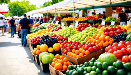 Vibrant array of fresh fruits and vegetables from local farms displayed at an outdoor farmer's market.