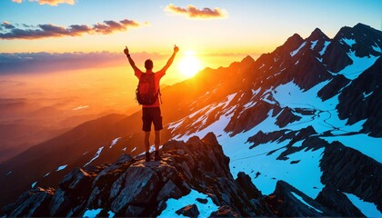 Hiker standing triumphantly on a mountain peak, enjoying a breathtaking sunrise after an adventurous hike.