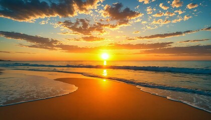 Breathtaking golden sunrise over a serene beach, with gentle waves lapping the sandy shores. - Powered by Adobe