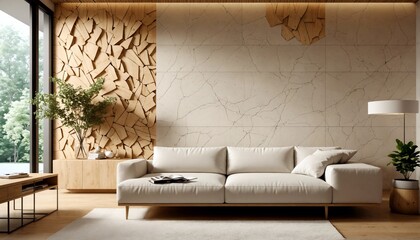 Stylish and modern home interior design with minimalist furniture and a natural material accent wall.