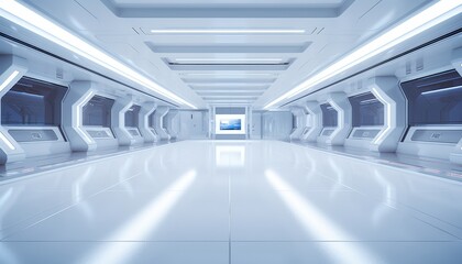Obraz premium Futuristic white corridor with glowing lights and sleek design.