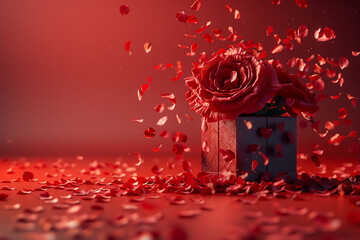 Open gift box and many small hearts on dark background