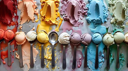 Naklejka premium Beautifully displayed colorful ice cream flavors with scoopers