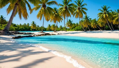 Stunning crystal clear turquoise waters lap onto pristine white sandy beaches, surrounded by swaying palm trees.
