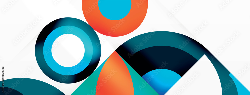 Poster An array of vibrant circles and triangles set against a crisp white backdrop, showcasing a vivid display of color and geometric shapes