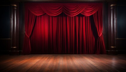 Red velvet theater curtains, closed, ready for the show to begin.  Empty stage with wood floor.