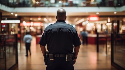 Security guard standing in a shopping mall, back to camera, hands on hips.