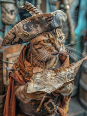 Cheerful American Shorthair Cat Dressed as Pirate: Cute Feline Buccaneer with Tricorn Hat, Eyepatch, and Treasure Map on Ship's Deck